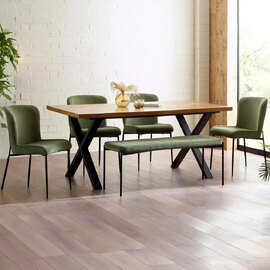 Angers Oak Wooden Dining Table With 4 Luling Green Chairs and 1 Bench