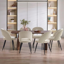 Argyle Walnut Wooden Rectangular Dining Table With Erie 6 Beige Chairs