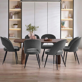 Argyle Walnut Wooden Rectangular Dining Table With Erie 6 Grey Chairs