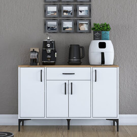 Arlivo Wooden Coffee Station Cabinets with 4 Doors 1 Drawers in White and Walnut