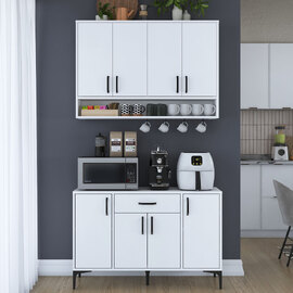 Arlivo Wooden Coffee Station Cabinets with Wall Cabinet in White and Black