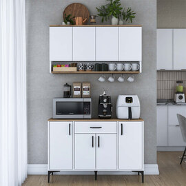 Arlivo Wooden Coffee Station Cabinets with Wall Cabinet in White and Walnut