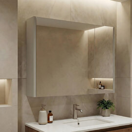 Arno Large Wooden Wall Mounted Bathroom Mirror Cabinet in Cashmere