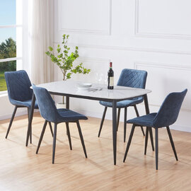 Arta Gloss White Rectangular Sintered Stone Dining Table with 4 Blue Diamond Stitch Fabric Chairs