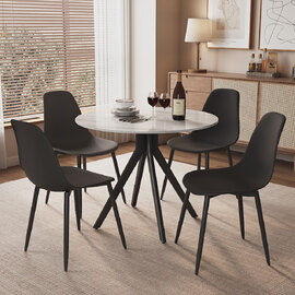 Arta Gloss White Round Sintered Stone Dining Table with 4 Black Plastic Chairs