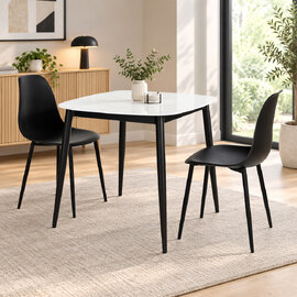 Arta Gloss White Square Sintered Stone Dining Table with 2 Black Plastic Chairs