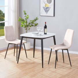 Arta Gloss White Square Sintered Stone Dining Table with 2 Natural Straight Stitch Fabric Chairs
