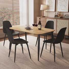 Arta Oak Rectangular Wooden Dining Table with 4 Black Plastic Chairs