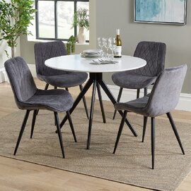 Arta Round White Wooden Dining Table 4 Dark Grey Diamond Chairs
