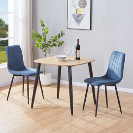 Arta Square Oak Wooden Dining Table with 2 Blue Straight Stitch Fabric Chairs