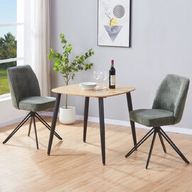 Arta Square Oak Wooden Dining Table with 2 Green Fabric Chairs