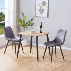 Arta Square Oak Wooden Dining Table with 2 Grey Diamond Stitch Fabric Chairs