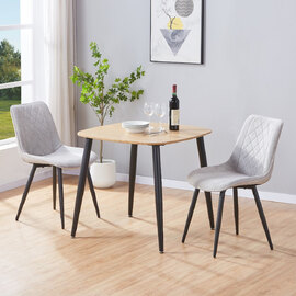 Arta Square Oak Wooden Dining Table with 2 Light Grey Diamond Stitch Fabric Chairs