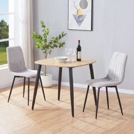Arta Square Oak Wooden Dining Table with 2 Light Grey Straight Stitch Fabric Chairs