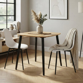 Arta Square Oak Wooden Dining Table with 2 White Plastic Chairs