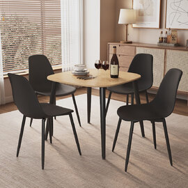 Arta Square Oak Wooden Dining Table with 4 Black Plastic Chairs