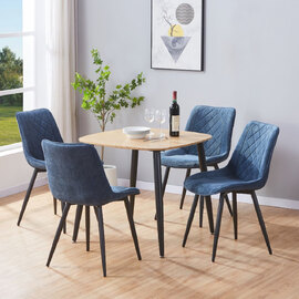 Arta Square Oak Wooden Dining Table with 4 Blue Diamond Stitch Fabric Chairs