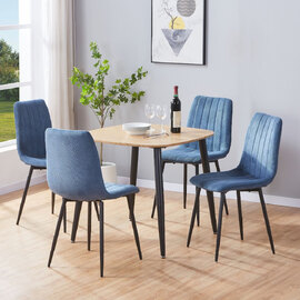 Arta Square Oak Wooden Dining Table with 4 Blue Straight Stitch Fabric Chairs