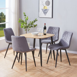 Arta Square Oak Wooden Dining Table with 4 Grey Diamond Stitch Fabric Chairs