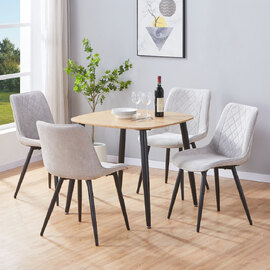 Arta Square Oak Wooden Dining Table with 4 Light Grey Diamond Stitch Fabric Chairs