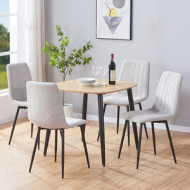 Arta Square Oak Wooden Dining Table with 4 Light Grey Straight Stitch Fabric Chairs
