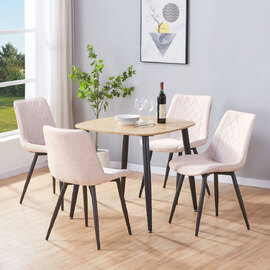 Arta Square Oak Wooden Dining Table with 4 Natural Diamond Stitch Fabric Chairs