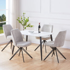 Arta White Rectangular Wooden Dining Table with 4 Swivel Light Grey Fabric Chairs