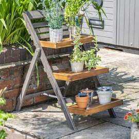 Arundel Small Wooden Garden Ladder Planter In Grey And Natural