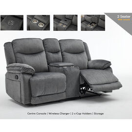 Arvexo Fabric Manual Recliner 2 Seater Sofa with Console in Grey