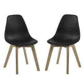 Arvion Black Plastic Dining Chairs with Oak Wooden Legs in Pair