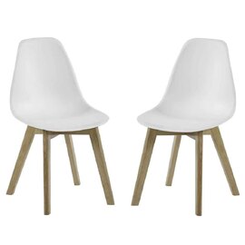Arvion White Plastic Dining Chairs with Oak Wooden Legs in Pair