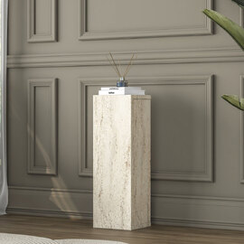 Aserio Medium Wooden Side Table in Travertine Marble Effect