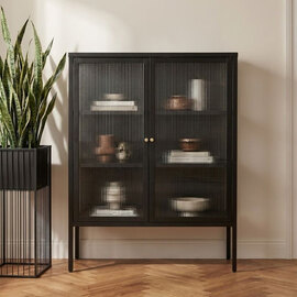 Athero Metal Storage Cabinet with 2 Fluted Glass Doors in Black