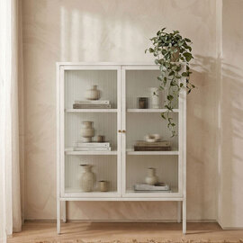 Athero Metal Storage Cabinet with 2 Fluted Glass Doors in White