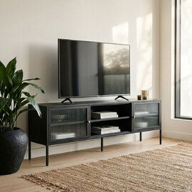 Athero Metal TV Stand with 2 Fluted Glass Doors in Black