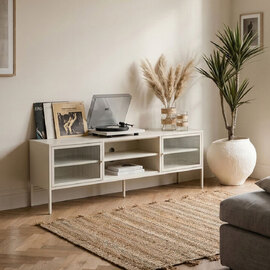 Athero Metal TV Stand with 2 Fluted Glass Doors in White