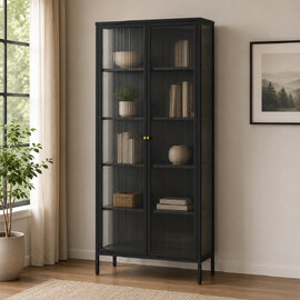 Athero Tall Metal Storage Cabinet with 2 Fluted Glass Doors in Black