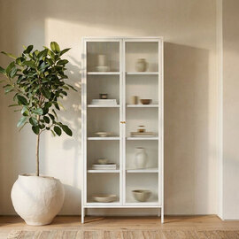 Athero Tall Metal Storage Cabinet with 2 Fluted Glass Doors in White