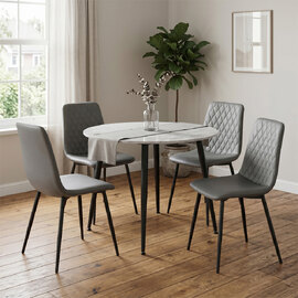 Attica Round Grey Sintered Stone Dining Table with 4 Dark Grey Chairs