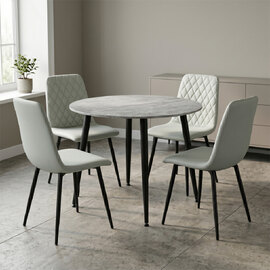 Attica Round Grey Sintered Stone Dining Table with 4 Light Grey Chairs