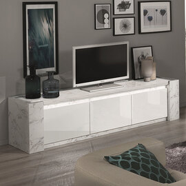 Attoria Large High Gloss TV Stand In White Marble Effect and LED