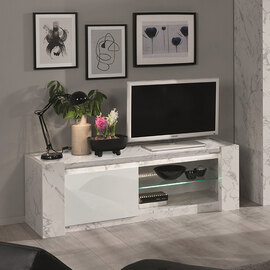 Attoria Small High Gloss TV Stand In White Marble Effect and LED