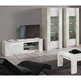 Attoria High Gloss Living Room Set With Display Cabinet In White Marble Effect And LED