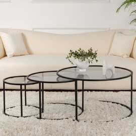 Aureo Grey Tempered Glass Nest Of 3 Coffee Tables with Black Metal Frame