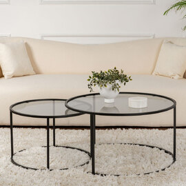 Aureo Large Grey Tempered Glass Nest Of 2 Coffee Tables with Black Metal Frame