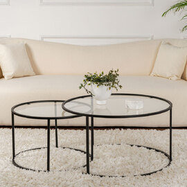 Aureo Large Clear Tempered Glass Nest Of 2 Coffee Tables with Black Metal Frame