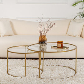 Aureo Large Clear Tempered Glass Nest Of 2 Coffee Tables with Gold Metal Frame