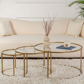 Aureo Clear Tempered Glass Nest Of 3 Coffee Tables with Gold Metal Frame