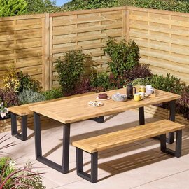 Aurum Large Wooden Garden 6 Seater Dining Set with Bench in Natural and Black
