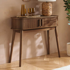 Avenel Wooden Console Table With 2 Sliding Doors In Walnut